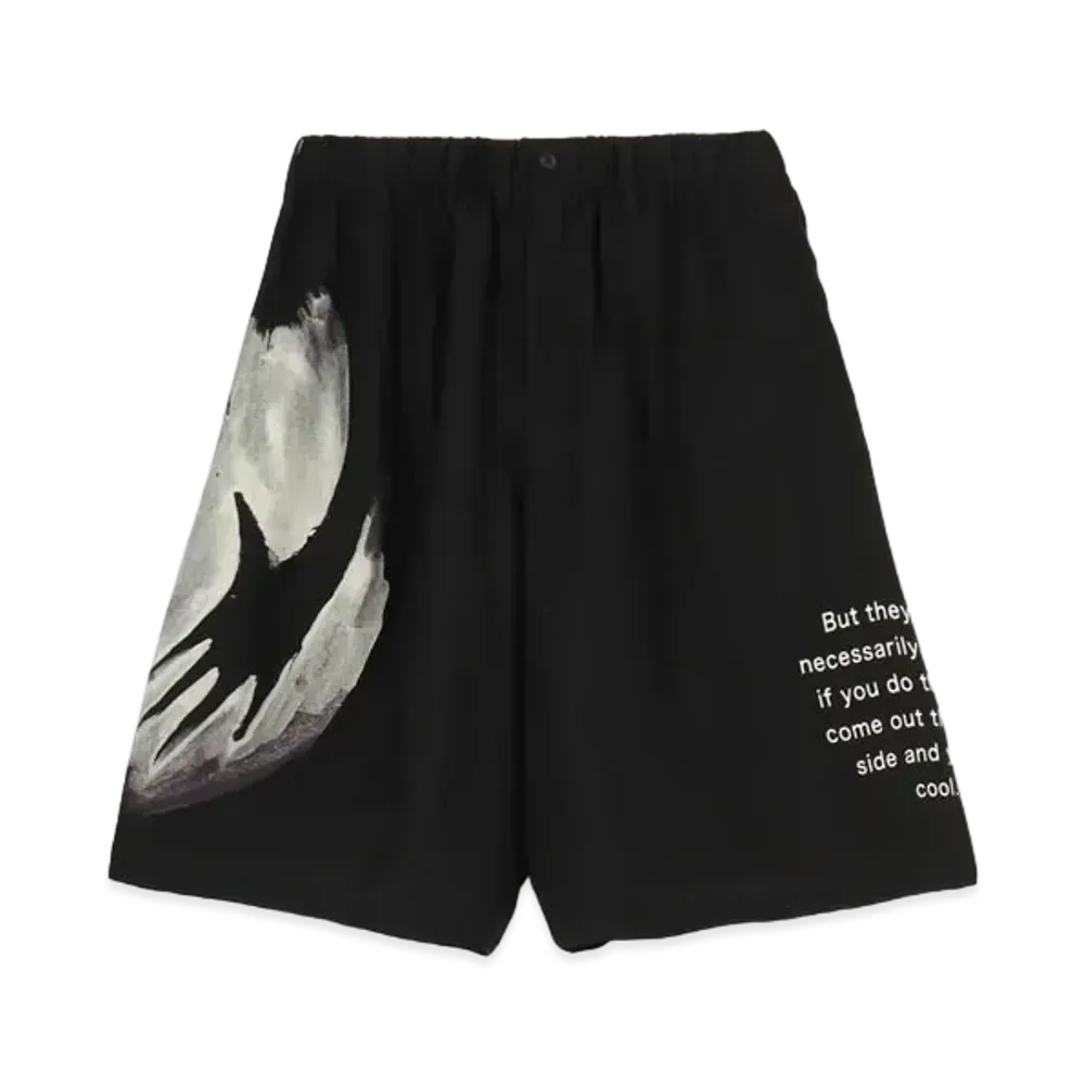Yohji Yamamoto Pour Homme SILK SATIN PAINTED LEFT HAND&LETTER HALF PANTS "Black"