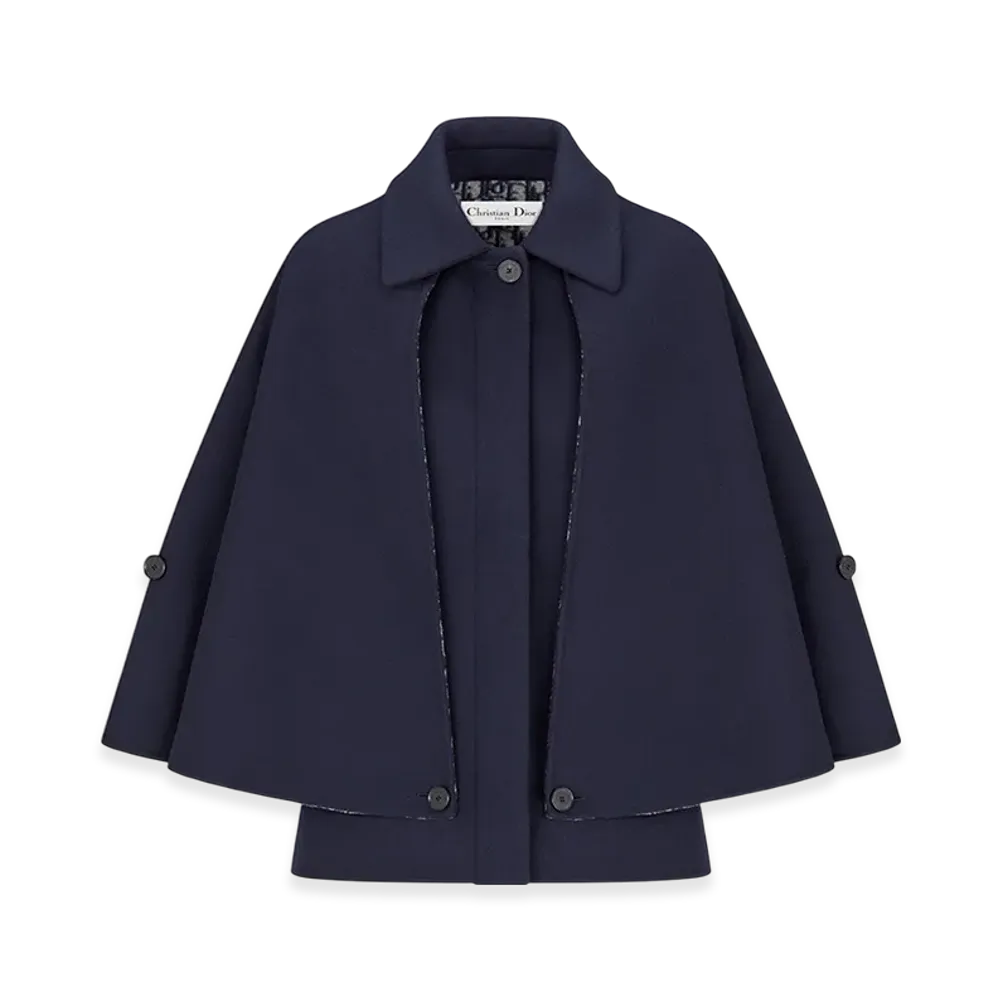 Dior Women's Cape-Effect Peacoat Double Sided Virgin Wool Silk Oblique Interior "Navy Blue"