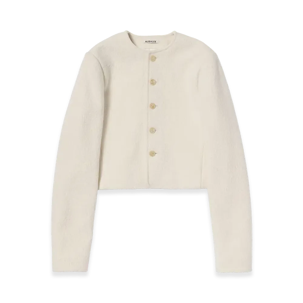 AURALEE Women's Heavily Fulled Wool Cotton Collarless Jacket "Ivory White"