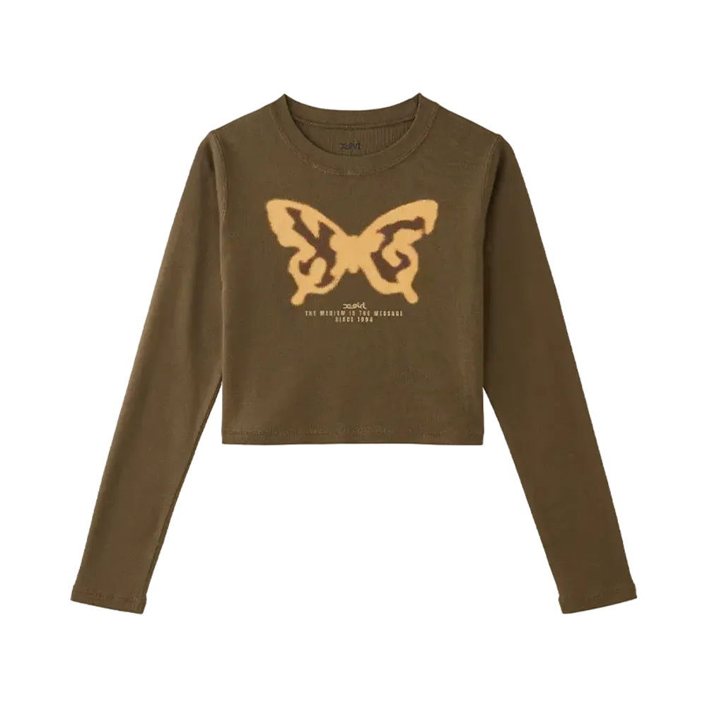 X-Girl Spray Butterfly Print L/S Baby Tee "Brown"