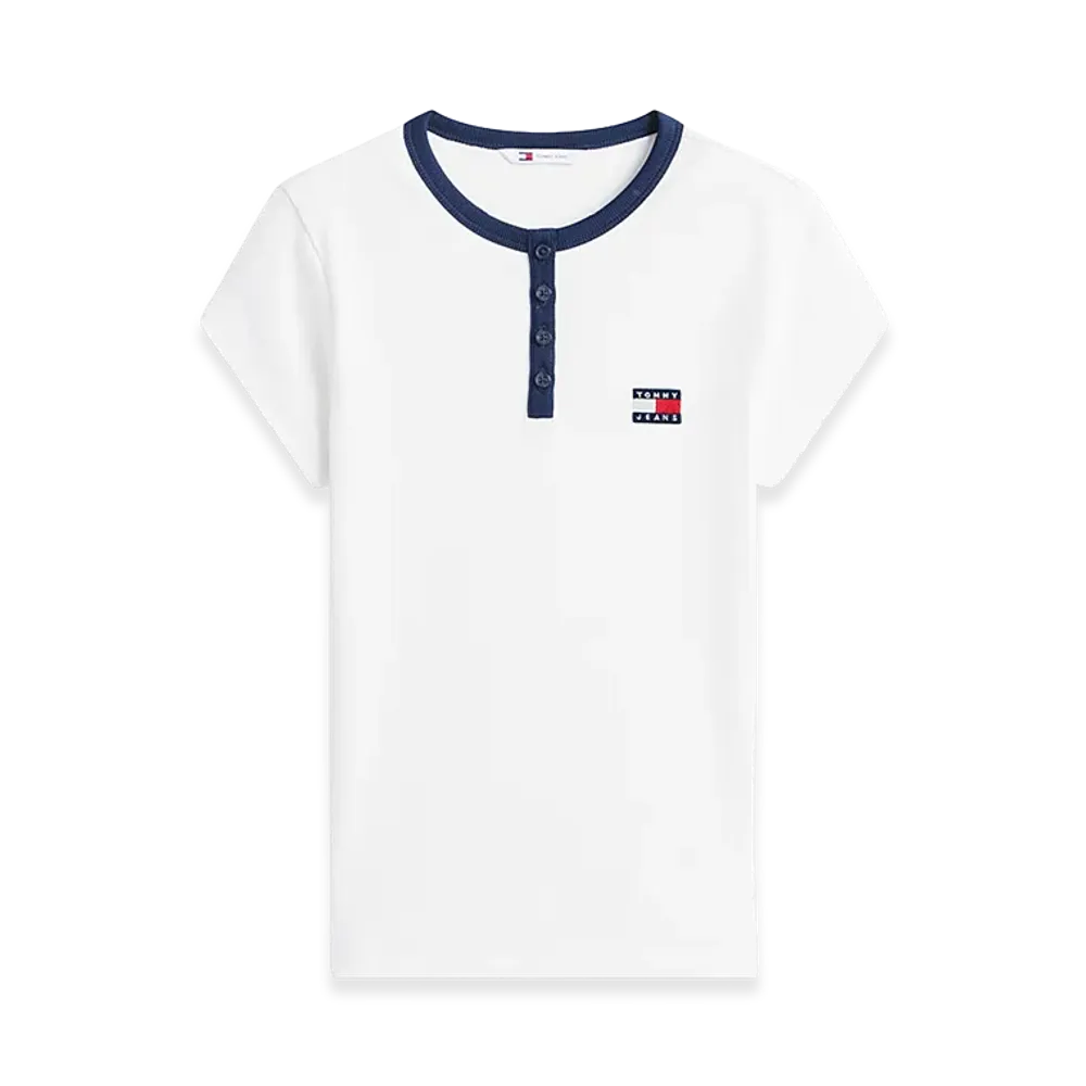 TOMMY HILFIGER Women's Tommy Badge Henley Ribbed Slim T-Shirt "Ecru"