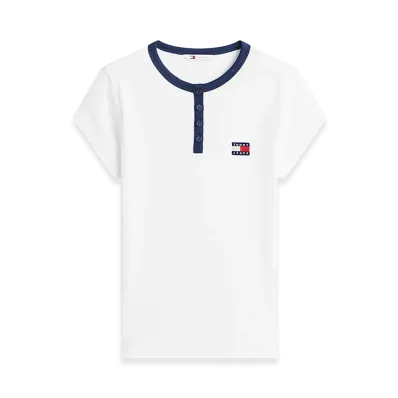 TOMMY HILFIGER Women's Tommy Badge Henley Ribbed Slim T-Shirt "Ecru"