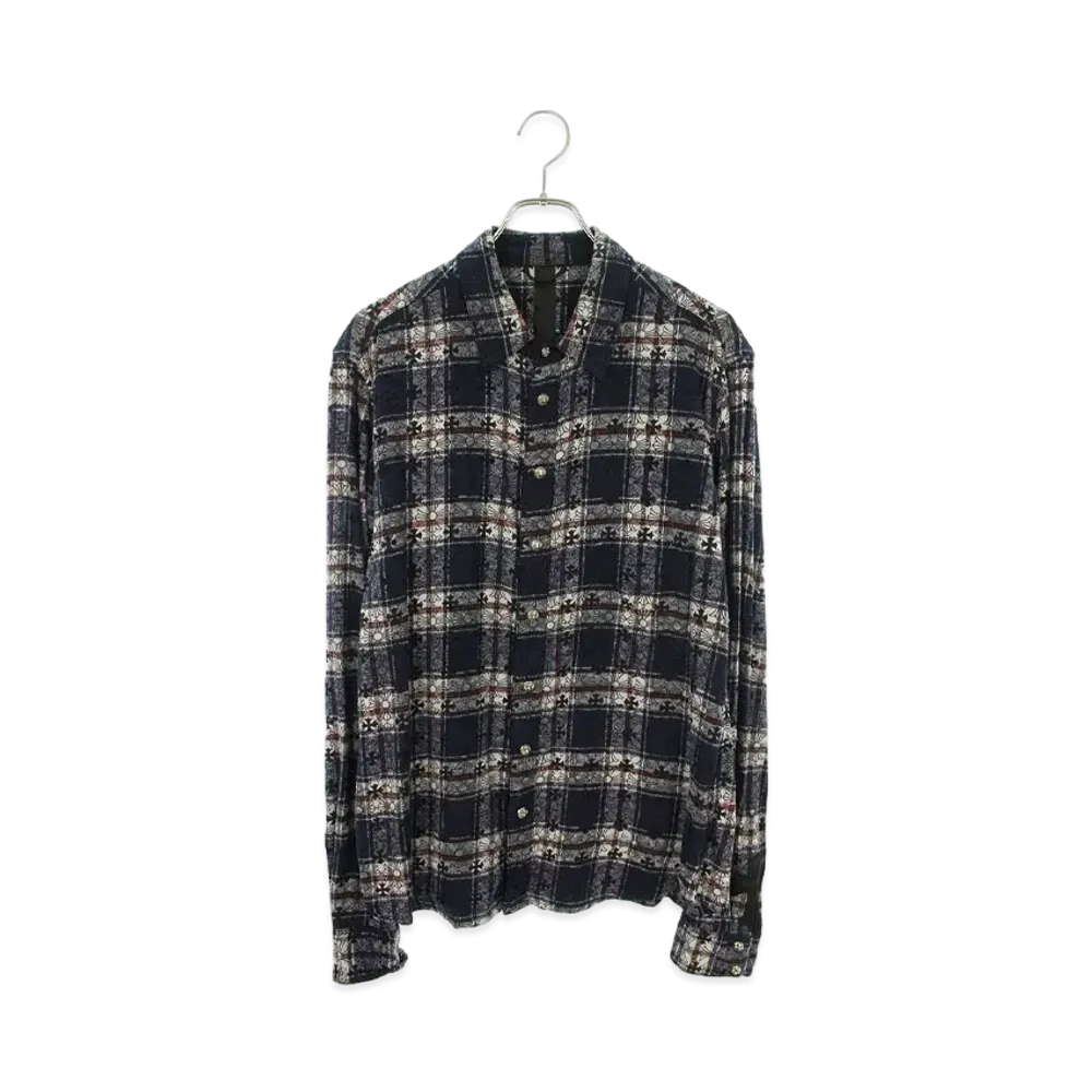 クロムハーツ ルーズエンド クロスパッチ付クロス総柄チェックロングスリーブ シャツ "ネイビー/シルバー"
