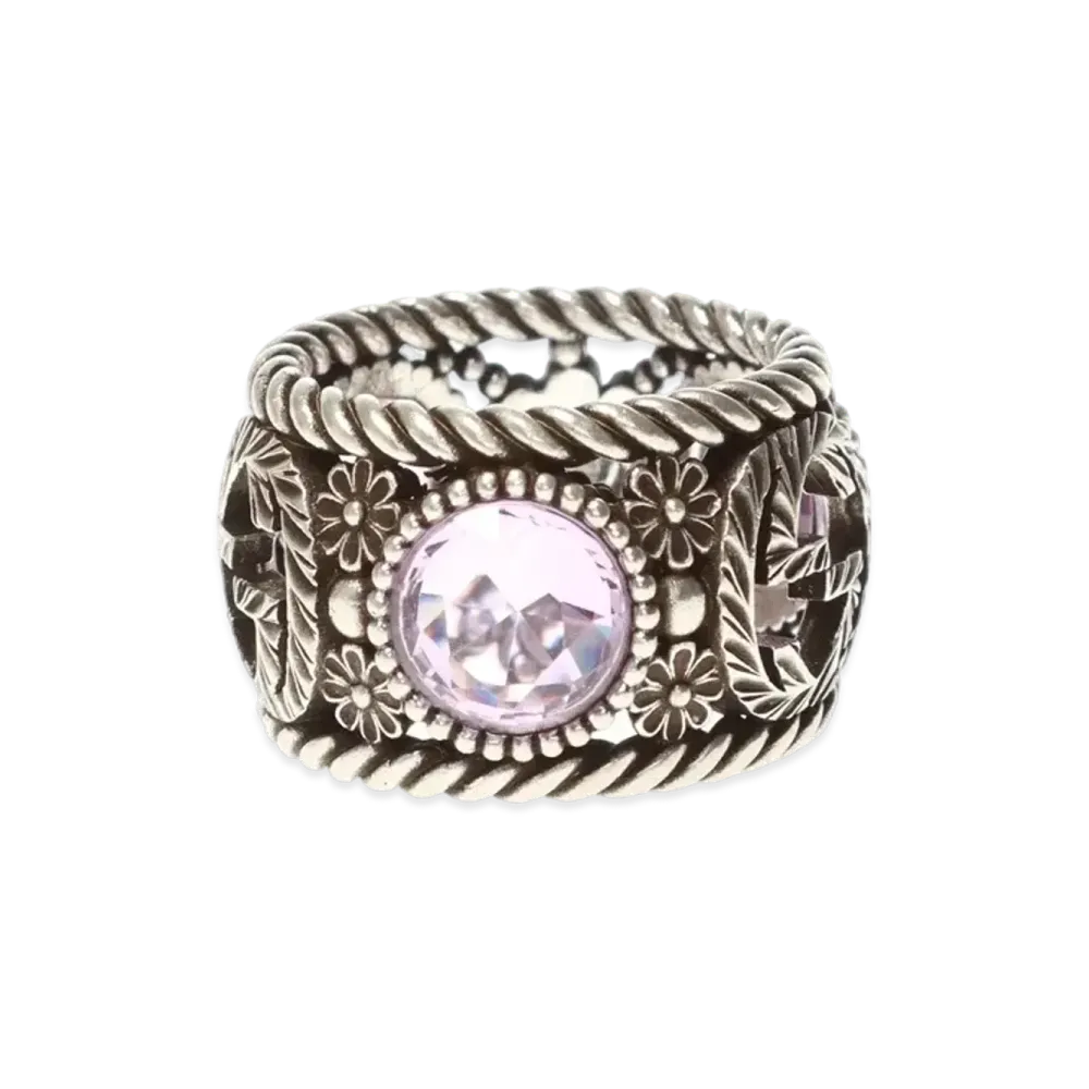 GUCCI Silver Ring with Interlocking GUCCI Double G and Flowers "Silver"