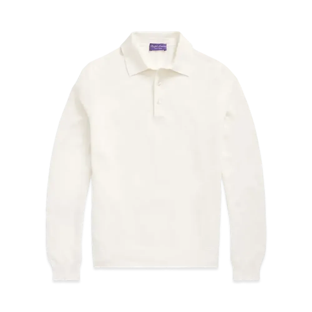 Ralph Lauren Purple Label Monogram Silk Blend Polo Collar Sweater "Natural"