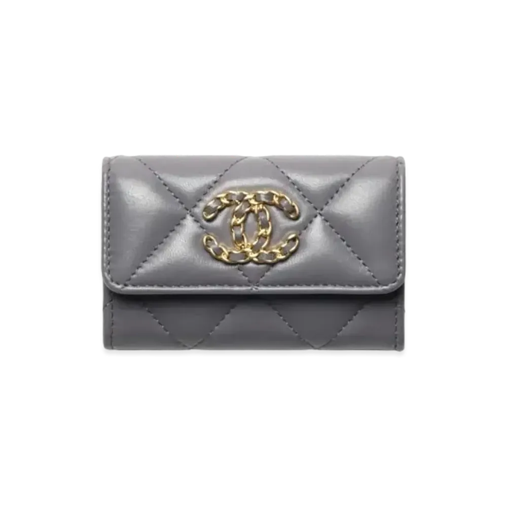 CHANEL 19 Flap Card Holder Shiny Lambskin Gold Tone Silver Tone & Ruthenium Finish Metal "Gray"