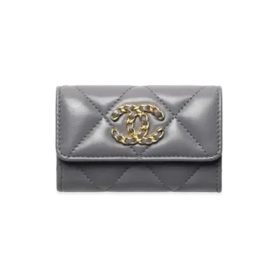 CHANEL 19 Flap Card Holder Shiny Lambskin Gold Tone Silver Tone & Ruthenium Finish Metal "Gray"