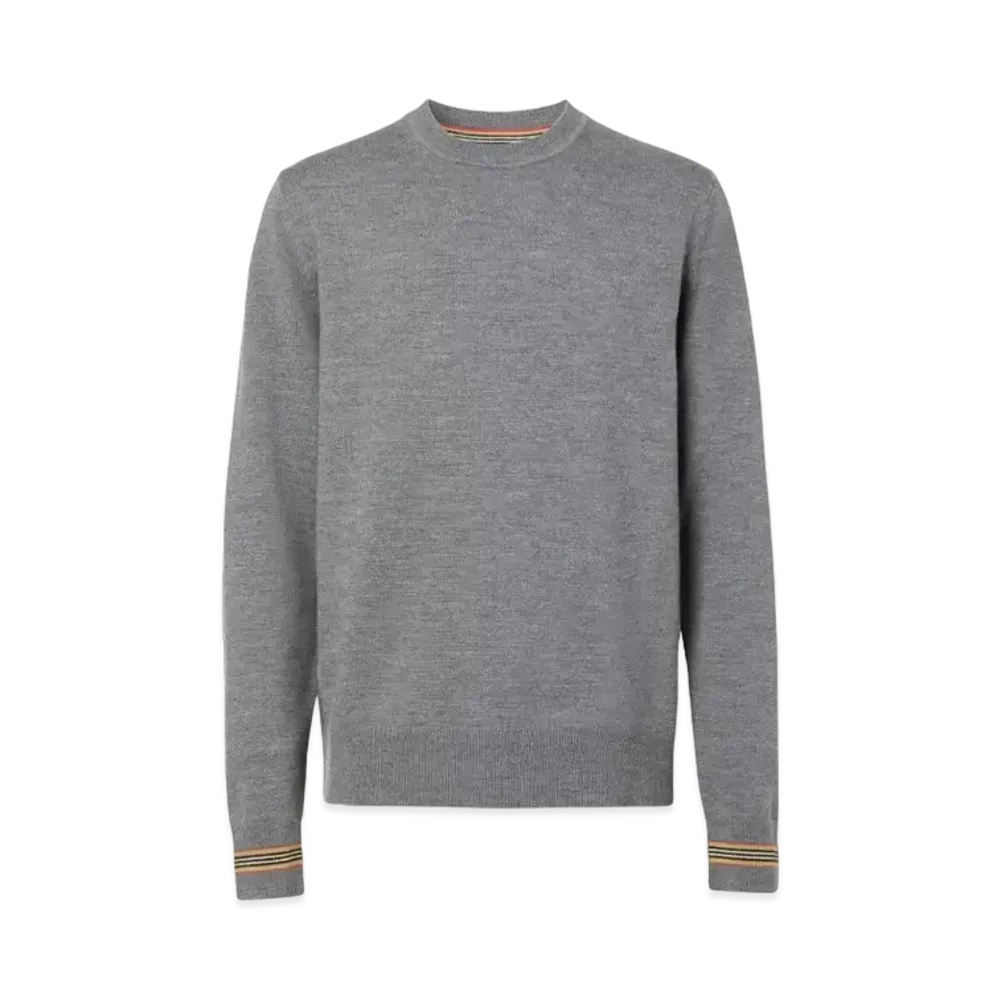 Burberry Men's Icon Stripe Trim Wool Sweater "Mid Grey Melange"