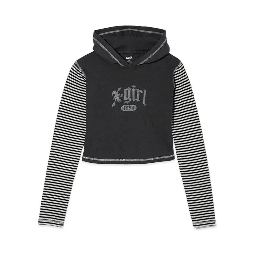 X-Girl Striped Sleeve Compact Hooded Top "Charcoal"