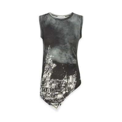 Dior Women's Cotton Jersey with New York Motif Asymmetric Tank Top "Black/White"