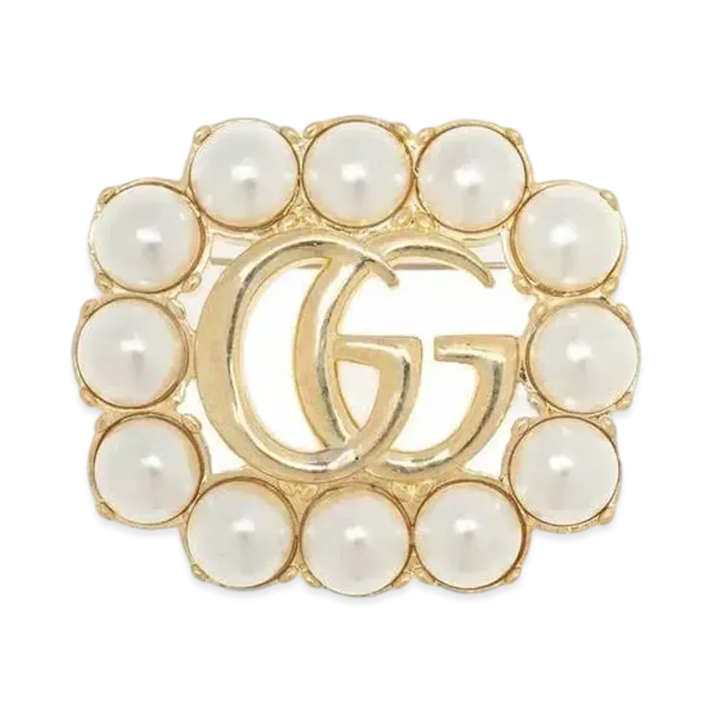 GUCCI Pearl Double G Brooch