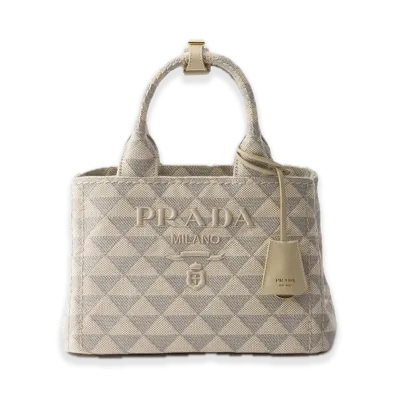 PRADA Small Embroidered Fabric Handbag "Beige/Granite Gray"