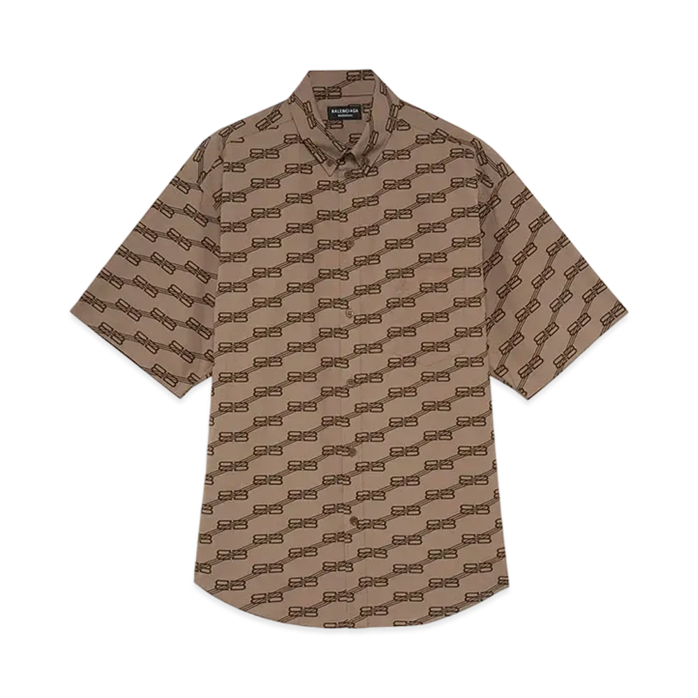 BALENCIAGA MENS BB Monogram Short Sleeve Shirt Large Fit "Beige/Brown"