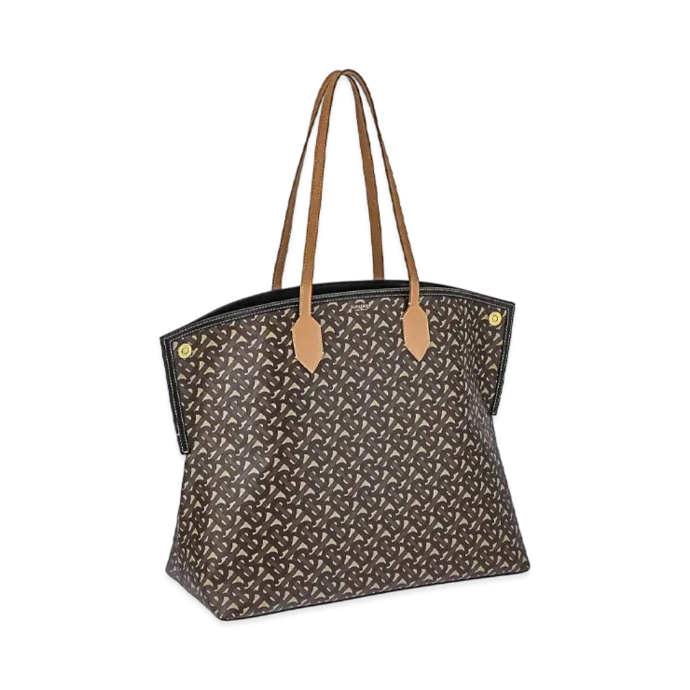 Burberry Large Monogram E Canvas Society Tote "Bridle Brown"