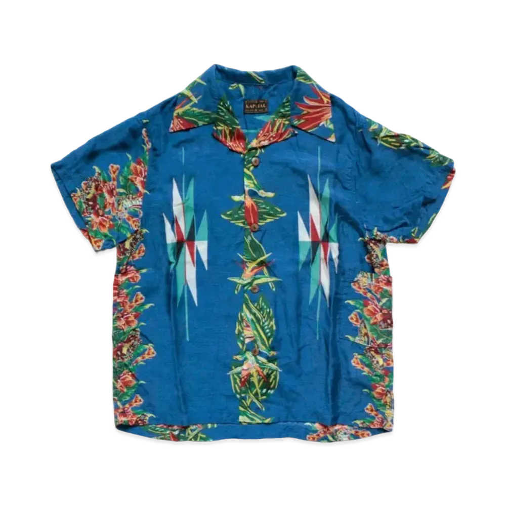 KAPITAL Silk Rayon Hibiscus Ortega Aloha Shirt "Blue"