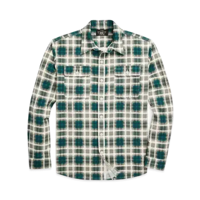 RRL Ralph Lauren Check-Print Chamois Work Shirt "Green"