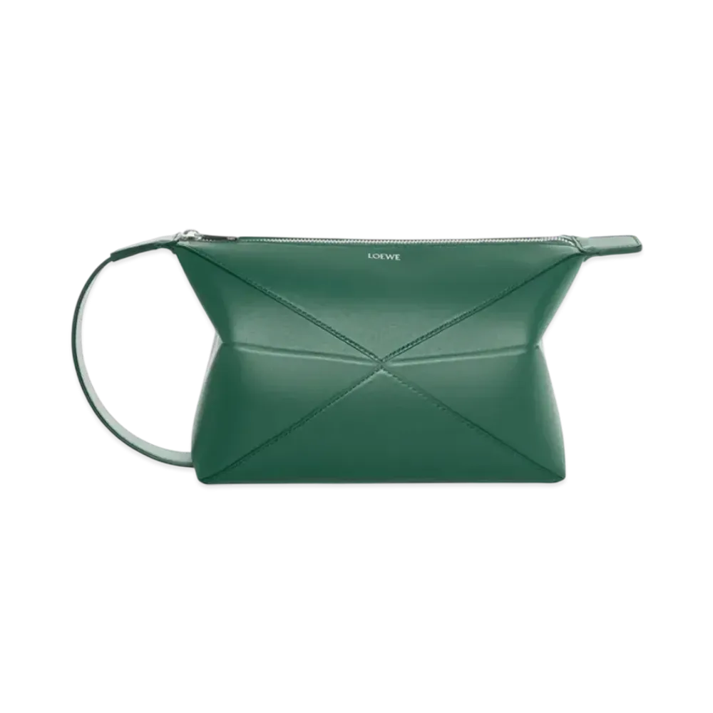 LOEWE Puzzle Fold Wash Bag in Shiny Calfskin "Evergreen"