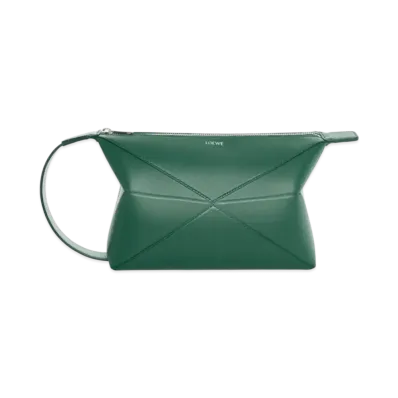 LOEWE Puzzle Fold Wash Bag in Shiny Calfskin "Evergreen"