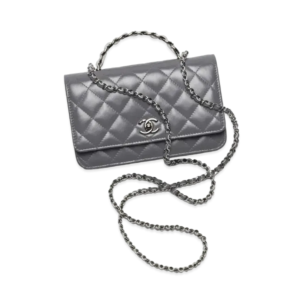 CHANEL Wallet On Chain Shiny Crumpled Calfskin Strass & Ruthenium Finish Metal "Gray"