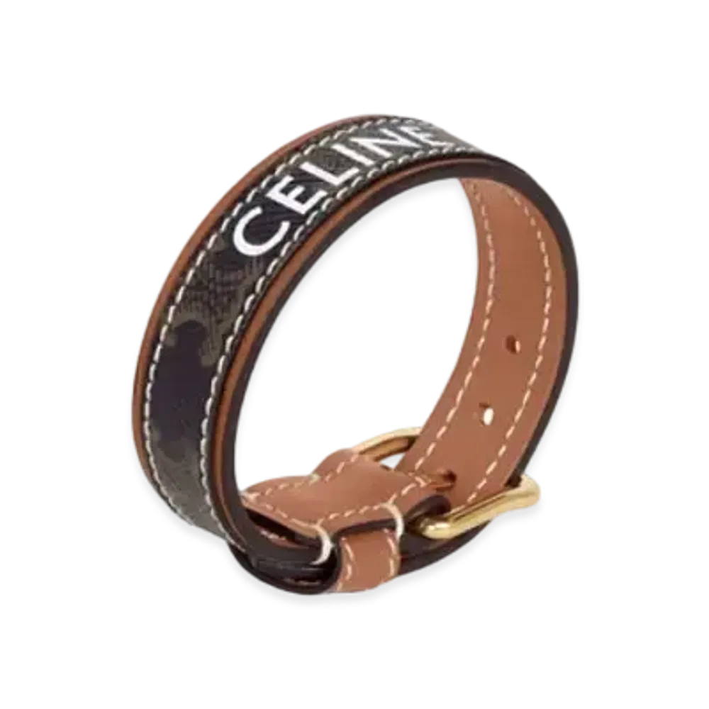 CELINE Triomphe Canvas Leather Bracelet "Gold/Tan"