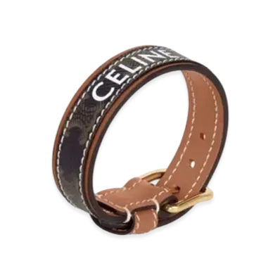 CELINE Triomphe Canvas Leather Bracelet "Gold/Tan"
