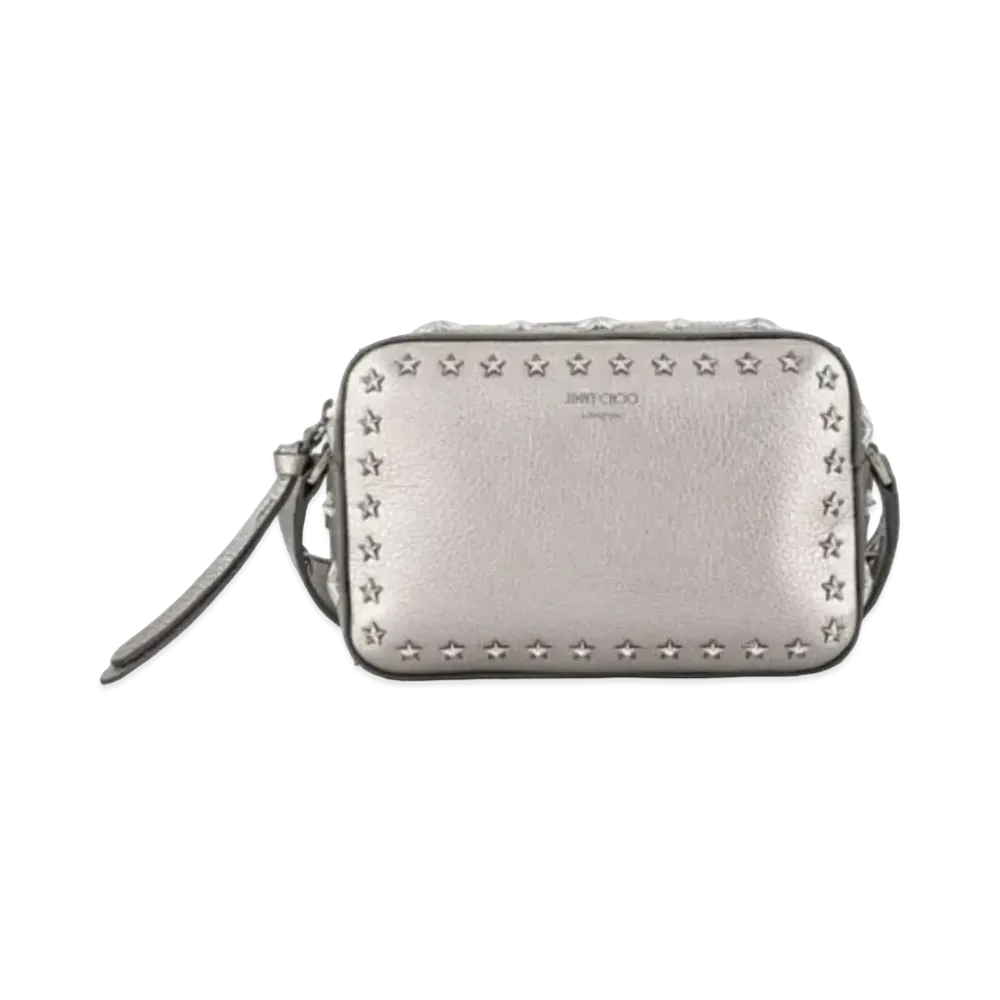 Jimmy Choo Pegasi Camera Bag Metallic Soft Grainy Calf Leather Camera Bag With Star Studs "Dark Silver/Gunmetal"
