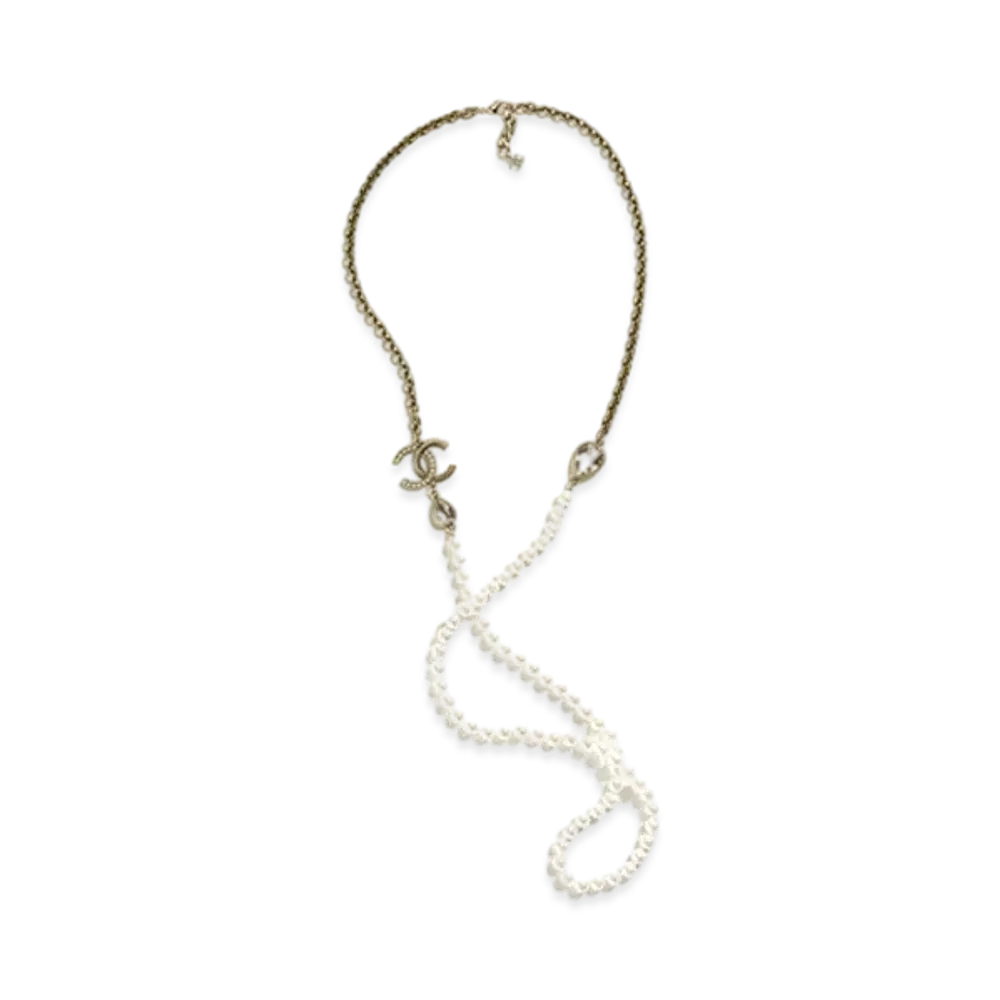 CHANEL Long Necklace Metal, Glass Pearls & Strass "Silver/Pearly White/Crystal"