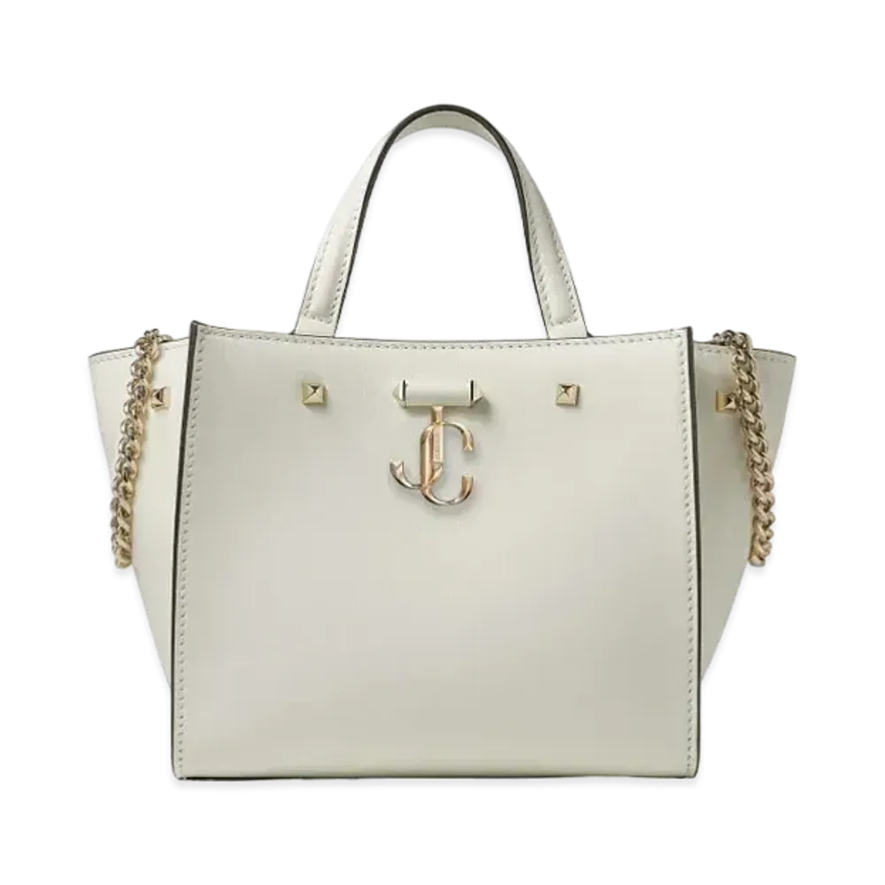 JIMMY CHOO VARENNE TOTE/S Light Gold JC Logo With Fine Shiny Curf Leather Tote Bag "Latte"