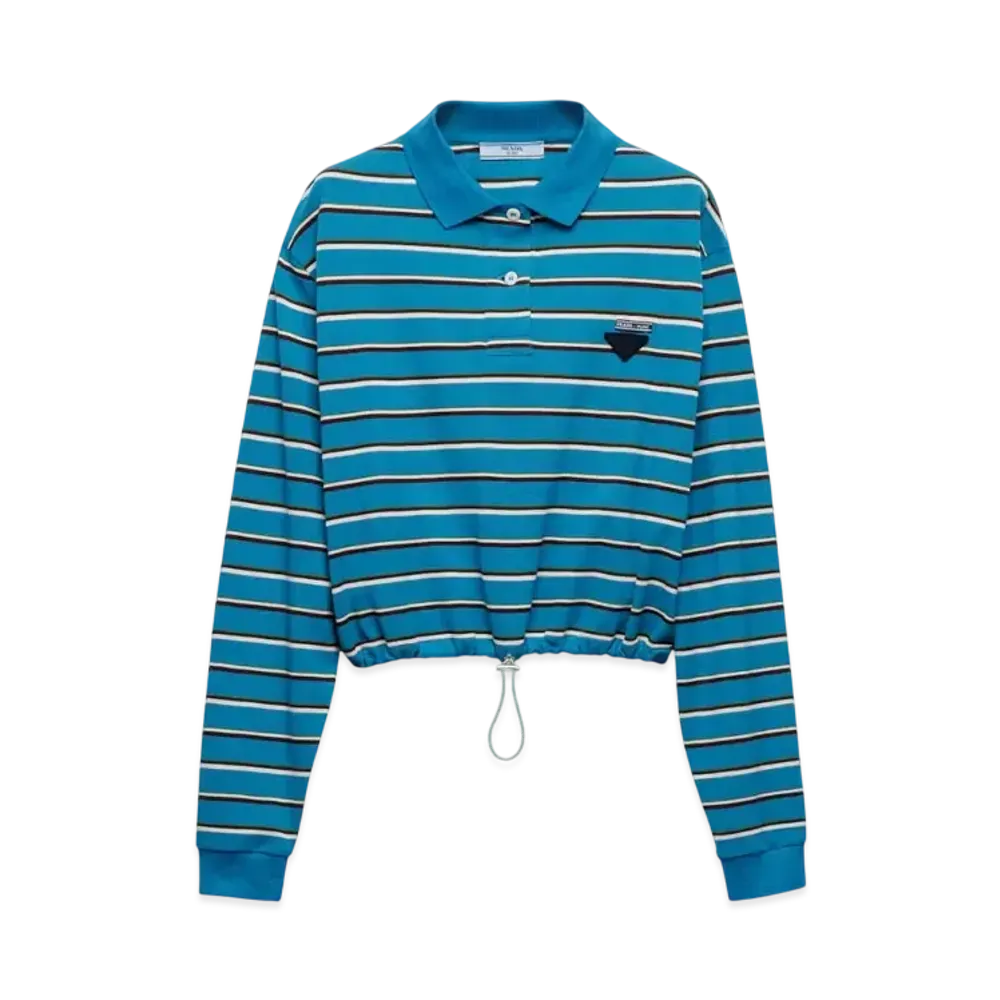 PRADA Women's Striped Pique Polo Shirt "Teal/Dark Brown"