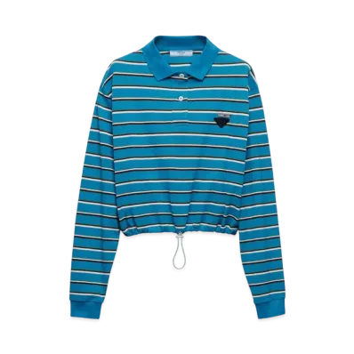 PRADA Women's Striped Pique Polo Shirt "Teal/Dark Brown"