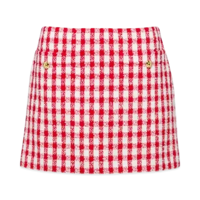 MIU MIU Women's Gingham Check Boucle Skirt "White/Red"