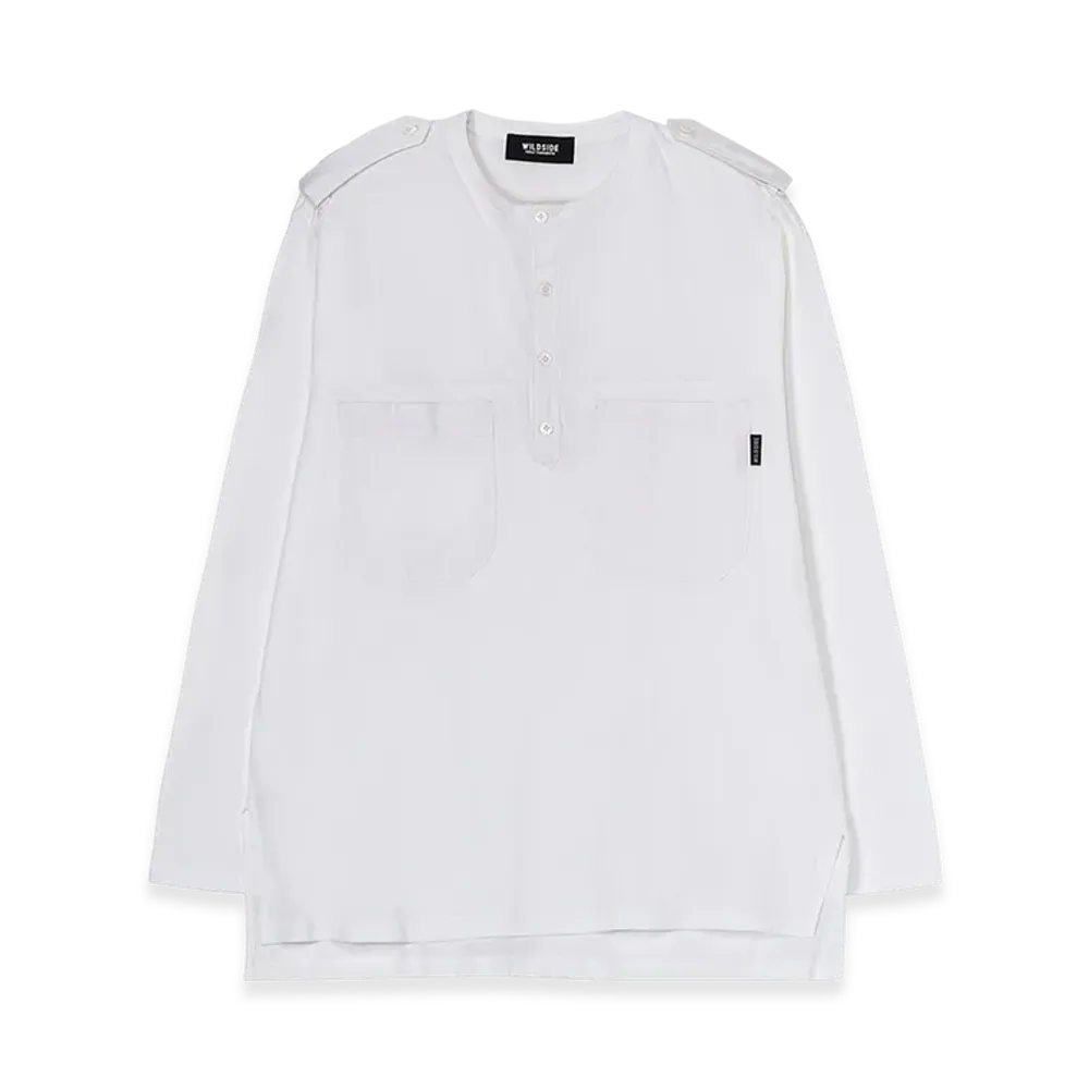WILDSIDE YOHJI YAMAMOTO Cotton Jersey Shoulder Strap Henley Neck Long Sleeve T-Shirt "White"