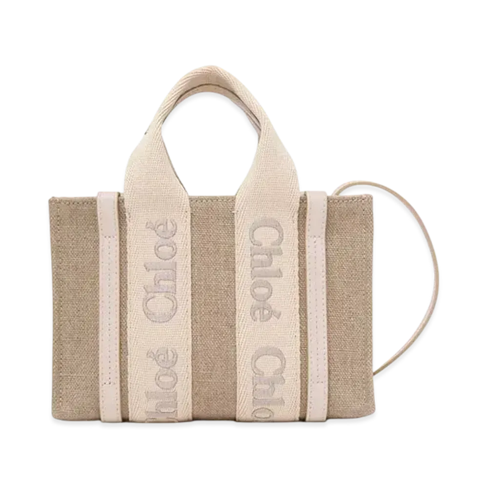Chloe Mini Woody tote bag in linen and leather "Wild Grey"