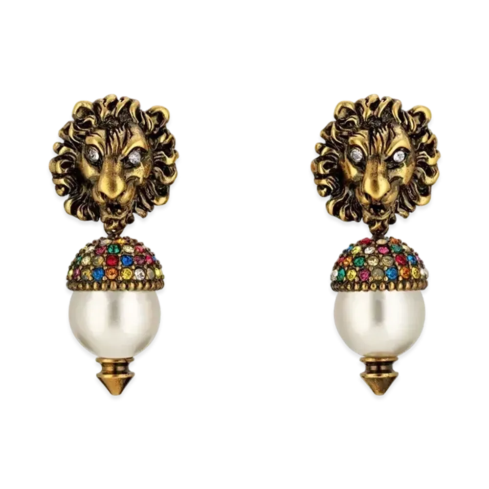 GUCCI Pearl Lion Head Earrings "Gold"