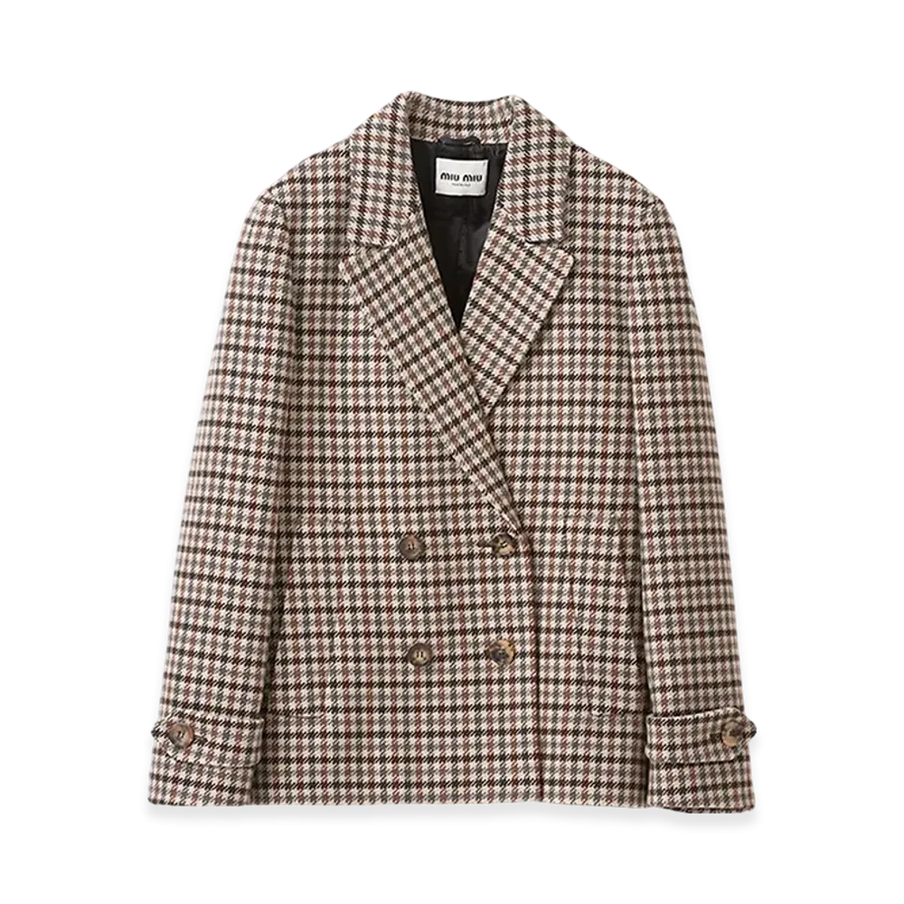 MIU MIU Women's Double-Breasted Houndstooth Check Jacket "Sand/Tobacco"