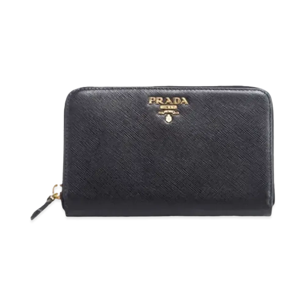 PRADA Saffiano Leather Metal Logo Zip Wallet "Black"
