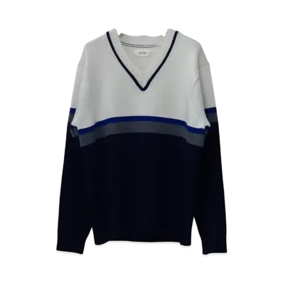 Ernie Palo V neck Switching Color Knit "Navy"