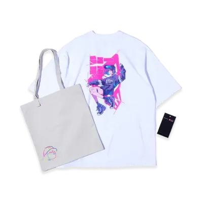 NEW ERA Short Sleeve Oversized Cotton T-Shirt Twill Tote Set Naoki Saito Back Print "White"