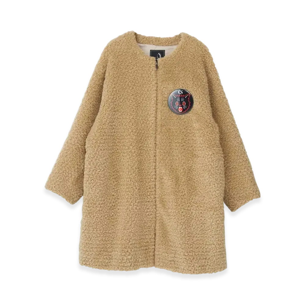 HYSTERIC GLAMOUR Black Cat Batch Eco Fur No Collar Coat "Beige"
