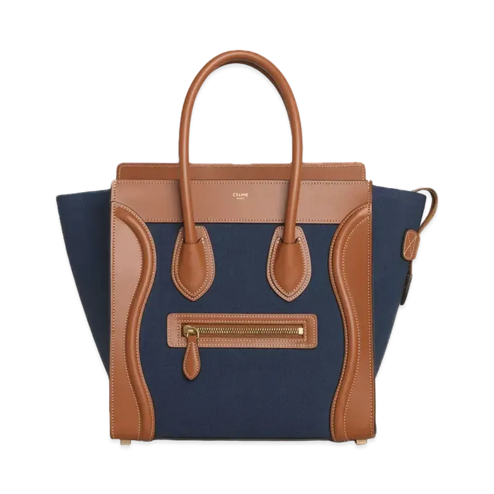 CELINE Micro Luggage Handbag in Textile and Calfskin "Navy/Tan"