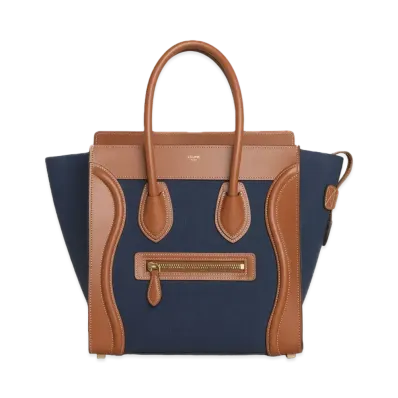CELINE Micro Luggage Handbag in Textile and Calfskin "Navy/Tan"