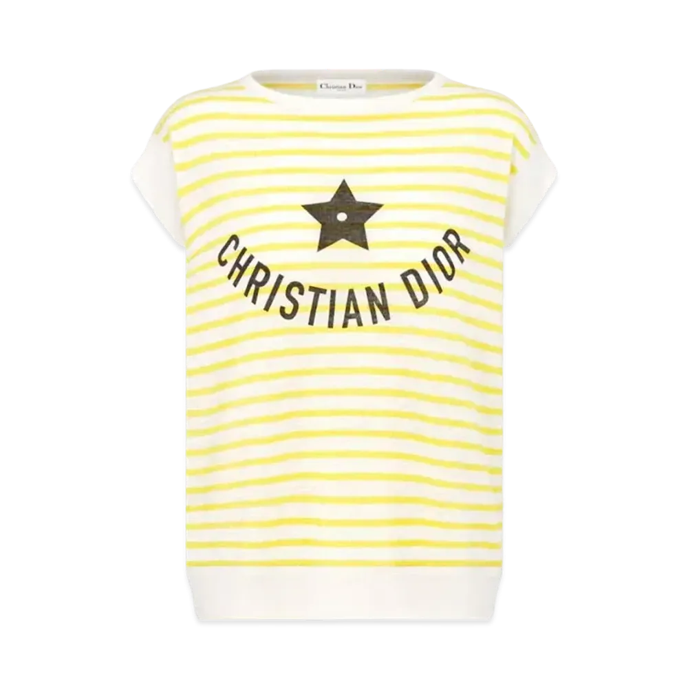 Dior Dioriviera Sleeveless Sweater Linen Cashmere and Silk Knit with Dior Mariniere Motif "White/Lemon Yellow"