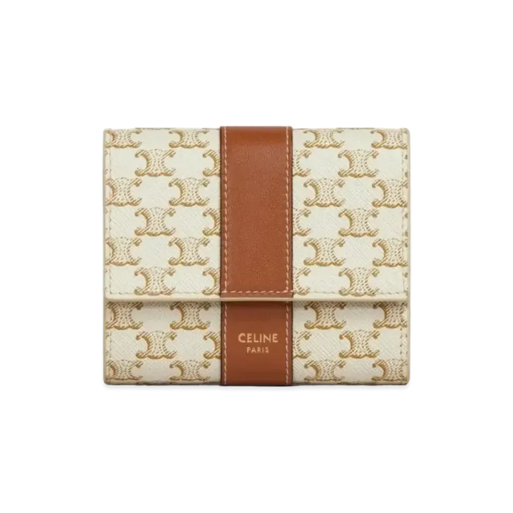 CELINE Small Trifold Wallet In Triomphe Canvas And Lambskin "White/TAN"