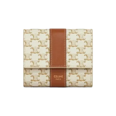 CELINE Small Trifold Wallet In Triomphe Canvas And Lambskin "White/TAN"