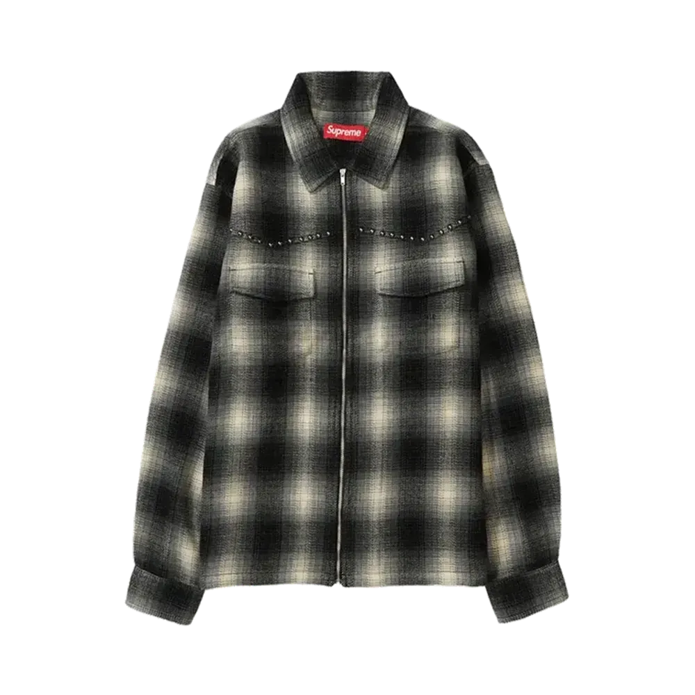 Supreme Studded Shadow Plaid Zip Up Shirt "Black"
