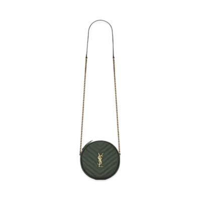 Saint Laurent Vinyle Round Camera Bag In Chevron-Quilted Grain De Poudre Embossed Leather "Dark Green"