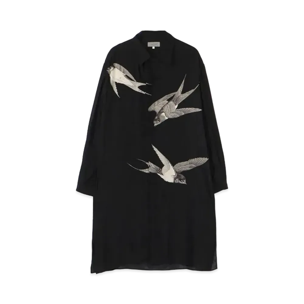 Yohji Yamamoto Pour Homme SILK SATIN SWALLOW PRINT BLOUSE "Black"