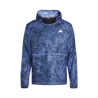adidas Own The Run Excite Allover Print Aeroready Hoodie "Semi Cobalt Blue"