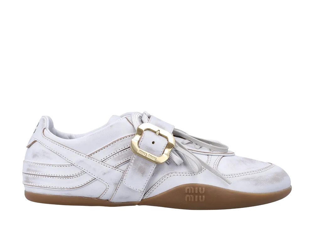 MIU MIU Women's Gymnasium Leather Sneakers with Strap and Buckle "White"