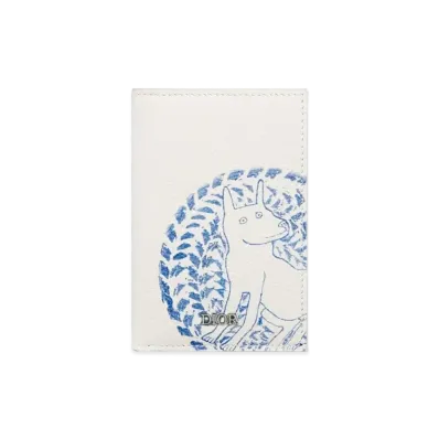 Dior and Hylton Nel Vertical Bifold Card Holder Grained Calfskin with Print "White/Blue"